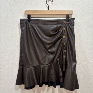Dark Brown Faux Leather Ruffle Asymmetric Mini Hem Skirt